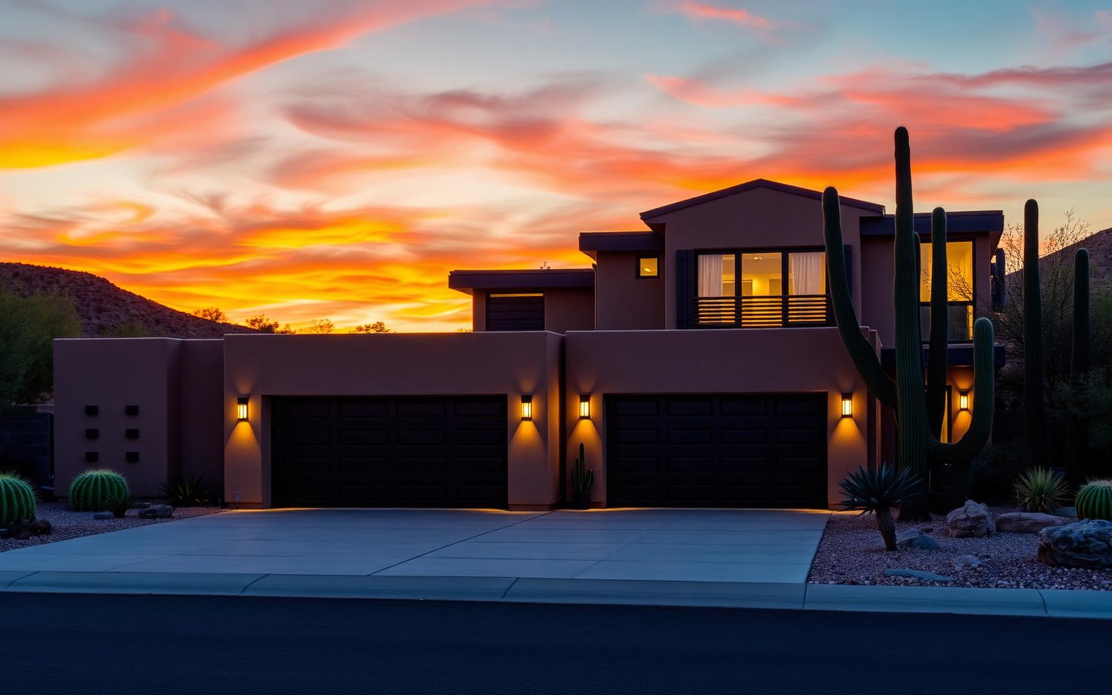 Modern home with garage door at dusk in El Paso